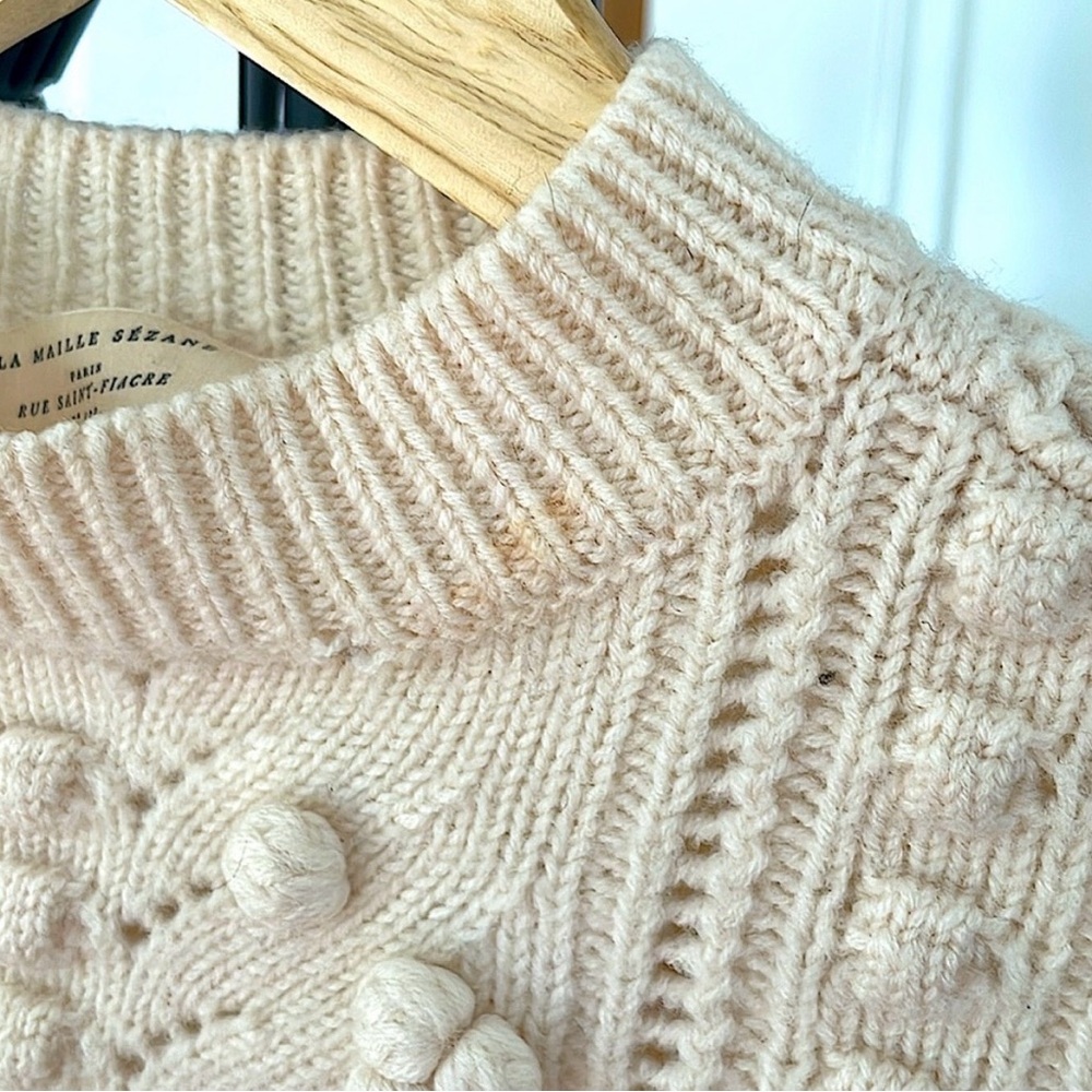 Sezane Ecru Cream Ivory Pom Poms Textured Knit Sweater Crewneck XS Wool - Picture 4 of 10